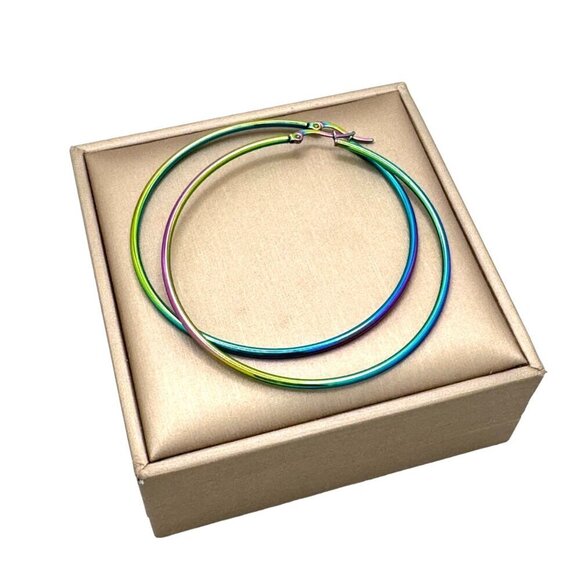 NWT Large Hoop Earrings Titanium Rainbow Steel Multicolor - Picture 6 of 11